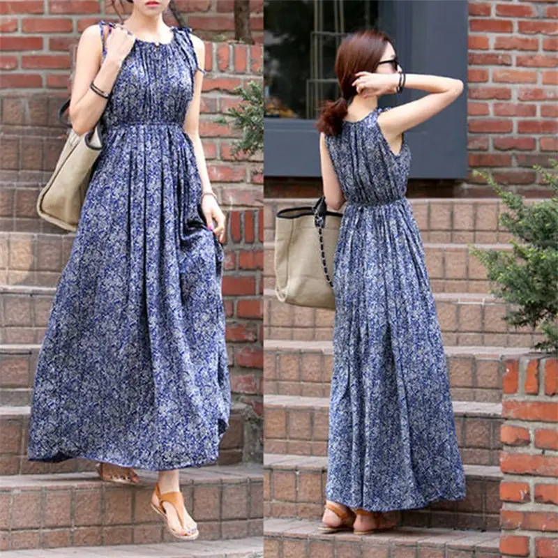 Bohemian Long Sleeve Floral Cotton Silk Dress for Women