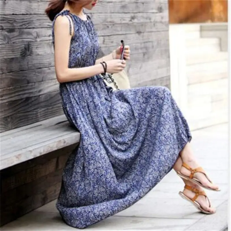 Bohemian Long Sleeve Floral Cotton Silk Dress for Women