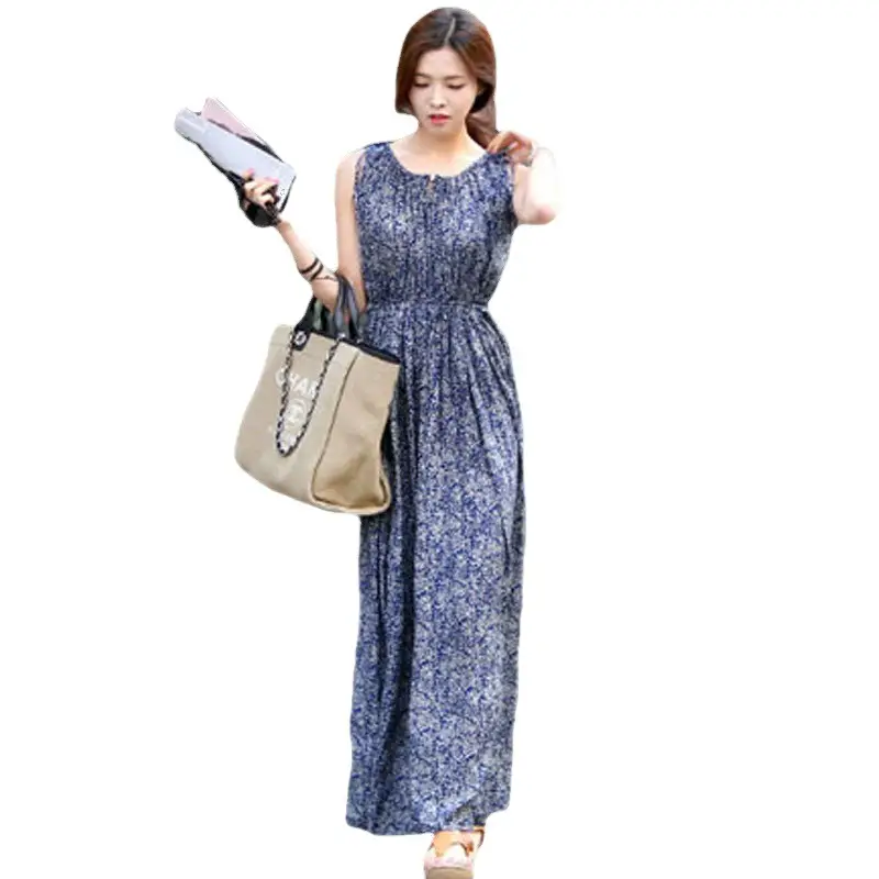 Bohemian Long Sleeve Floral Cotton Silk Dress for Women