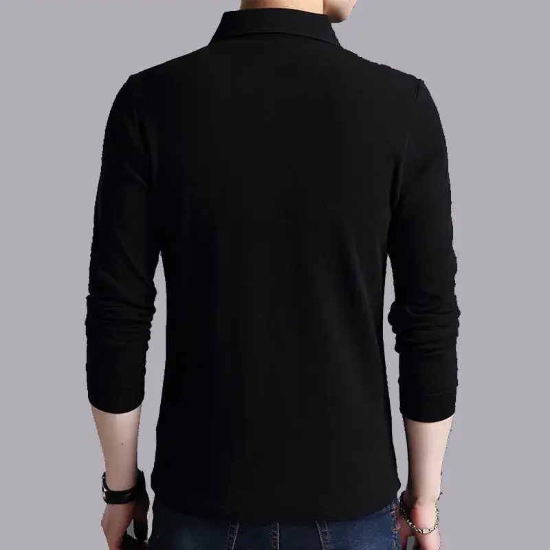 Men's Black Cotton Long Sleeve Polo Shirt - Image 3