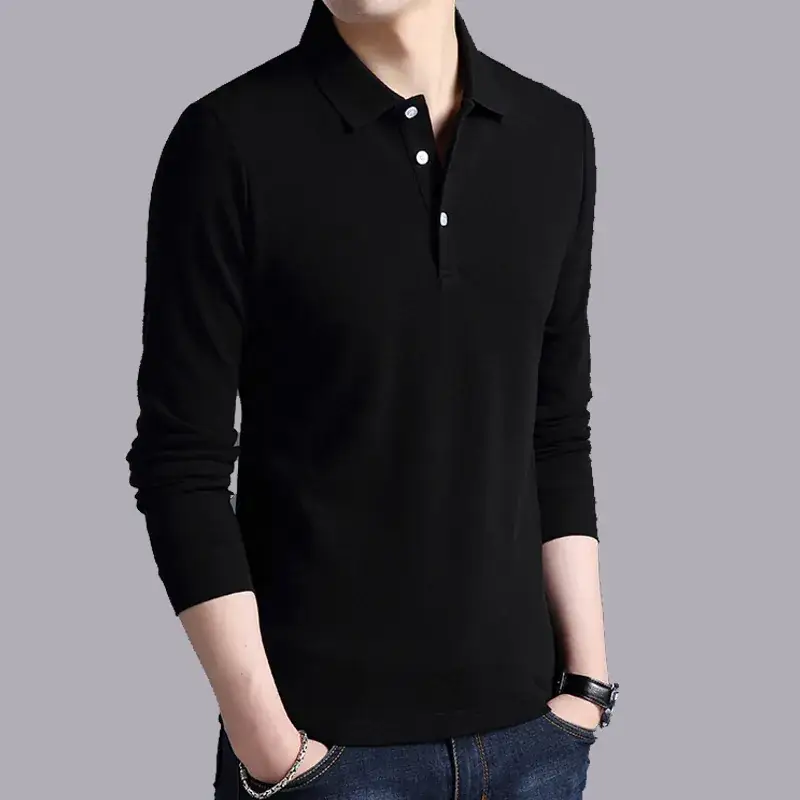 Men's Black Cotton Long Sleeve Polo Shirt - Image 4