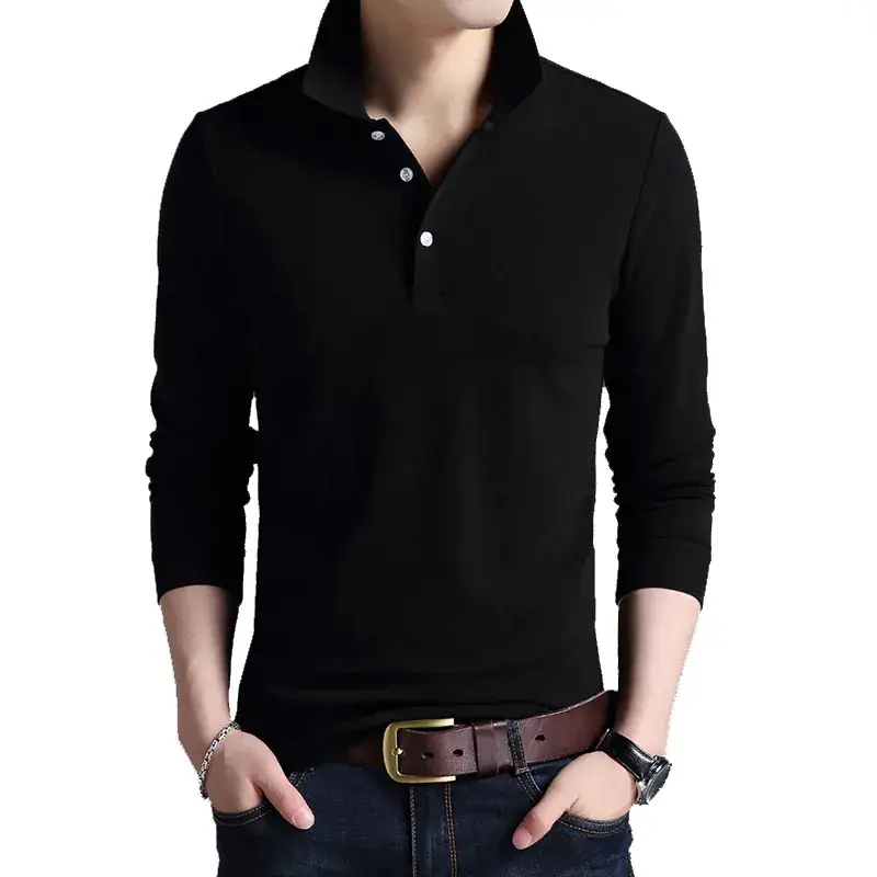 Men's Black Cotton Long Sleeve Polo Shirt - Image 5