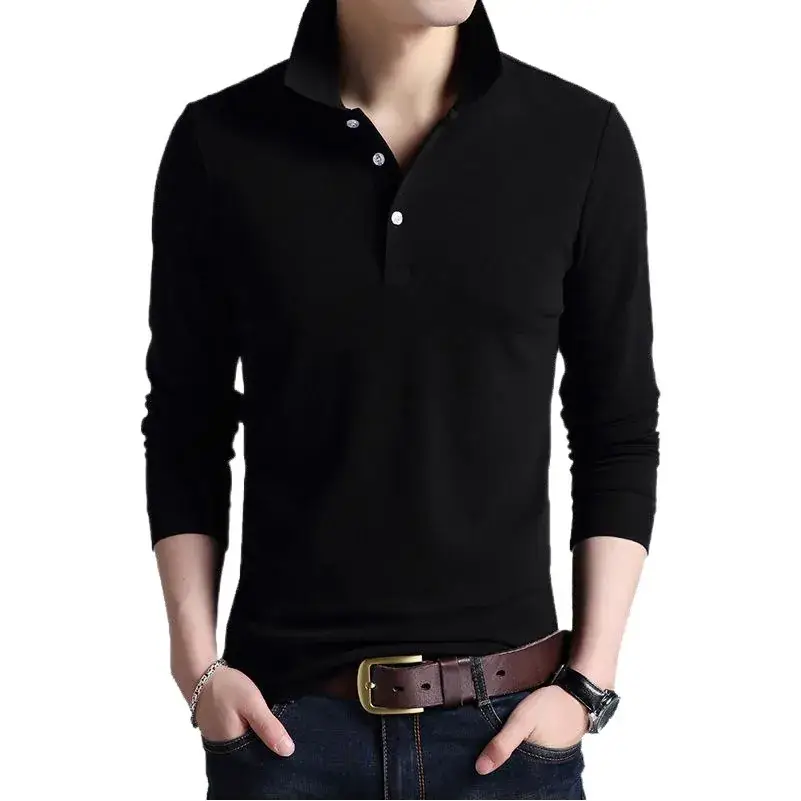 Men's Black Cotton Long Sleeve Polo Shirt