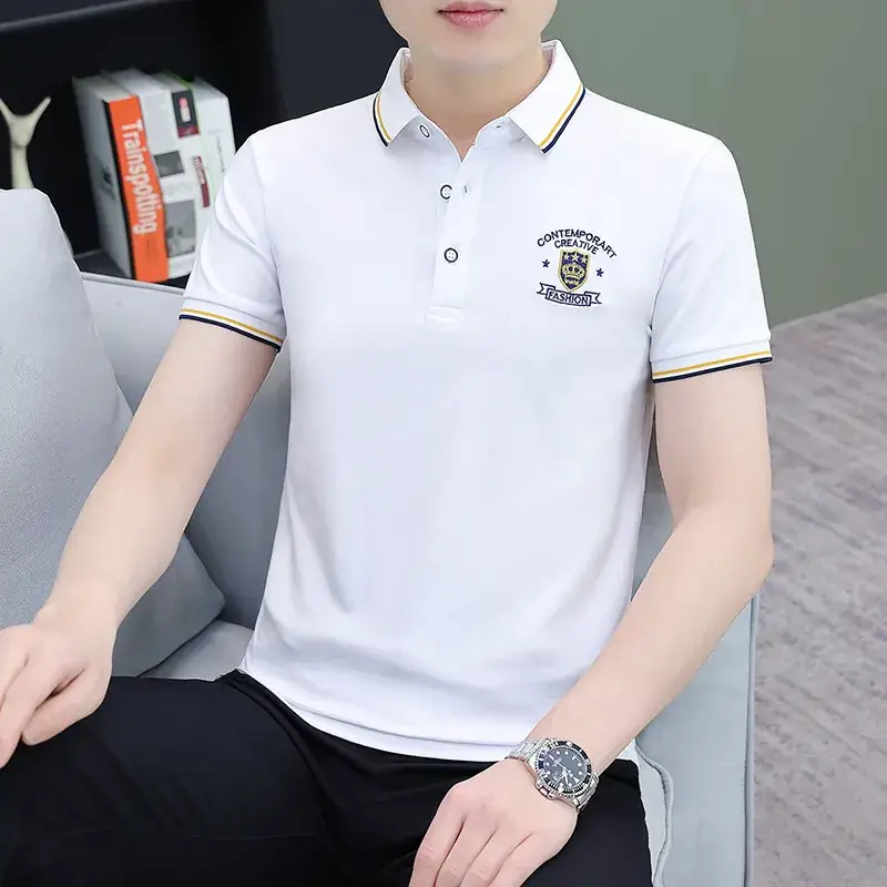 Men's White Polo T-Shirt Short Sleeve Lapel Bottoming