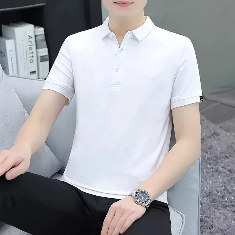 Men's White Polo T-Shirt Short Sleeve Lapel Bottoming