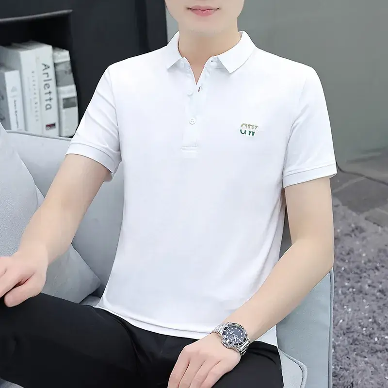 Men's White Polo T-Shirt Short Sleeve Lapel Bottoming