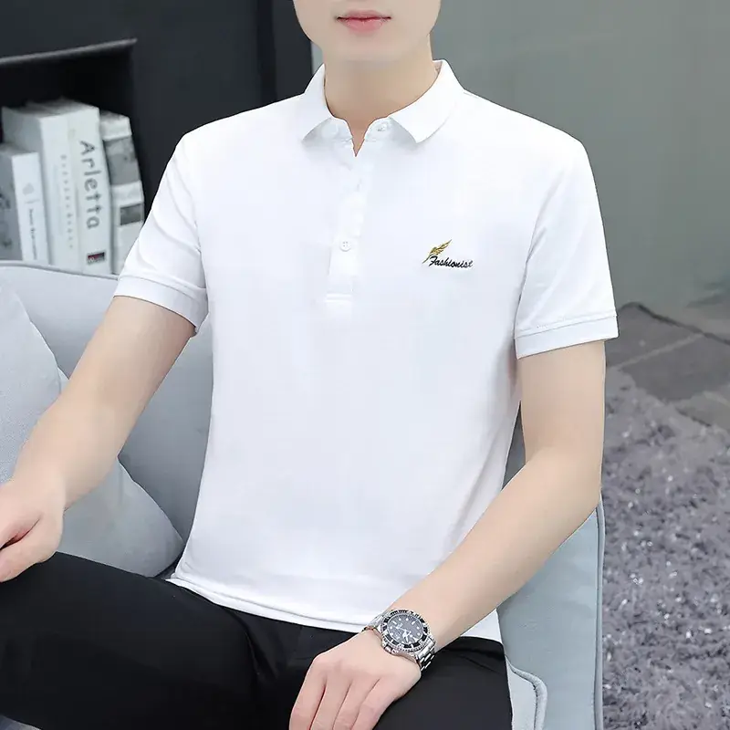Men's White Polo T-Shirt Short Sleeve Lapel Bottoming