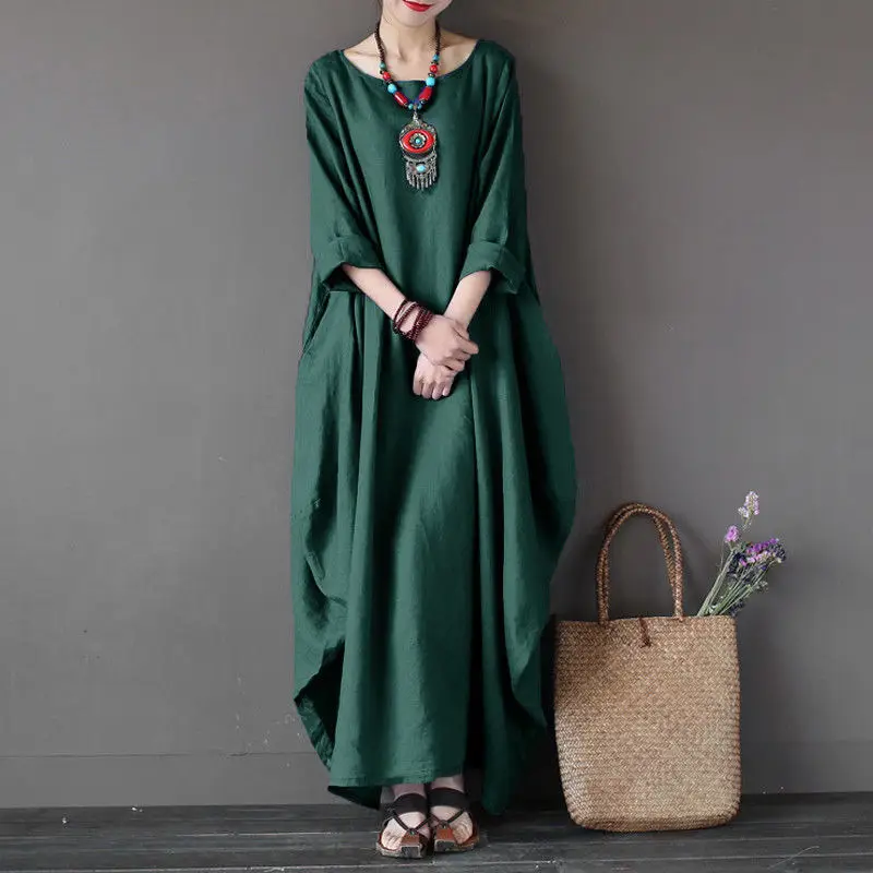 White Loose Round Neck Mid Sleeve Long Skirt for Women - Image 3