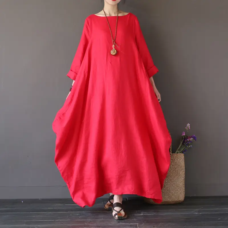 White Loose Round Neck Mid Sleeve Long Skirt for Women - Image 4