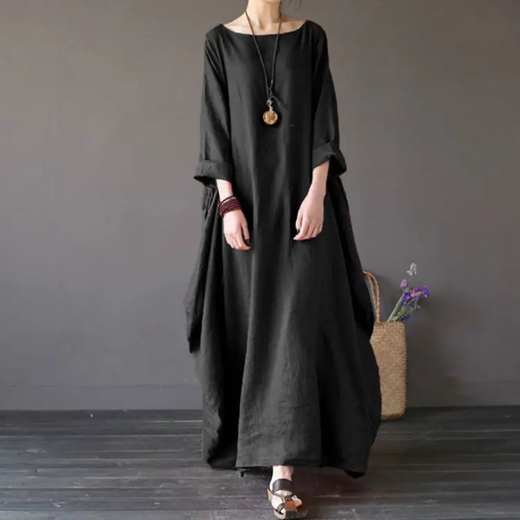 White Loose Round Neck Mid Sleeve Long Skirt for Women - Image 5