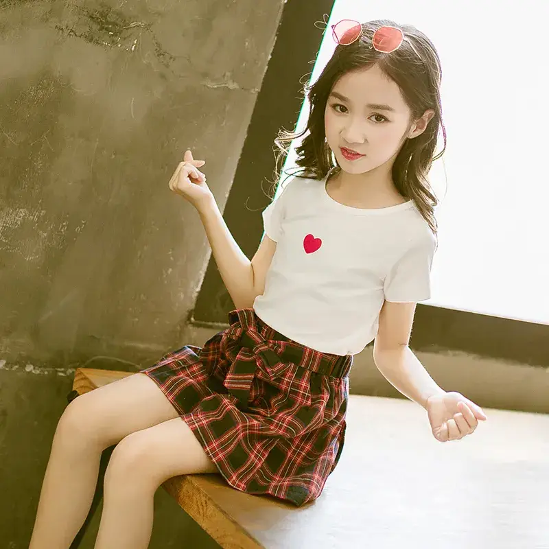Girls Plaid Skirt Set White T-Shirt 2025 Summer - Image 4