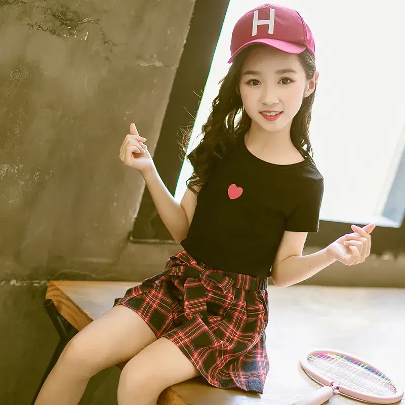 Girls Plaid Skirt Set White T-Shirt 2025 Summer - Image 2