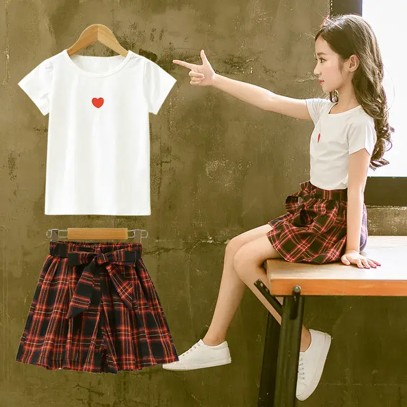 Girls Plaid Skirt Set White T-Shirt 2025 Summer