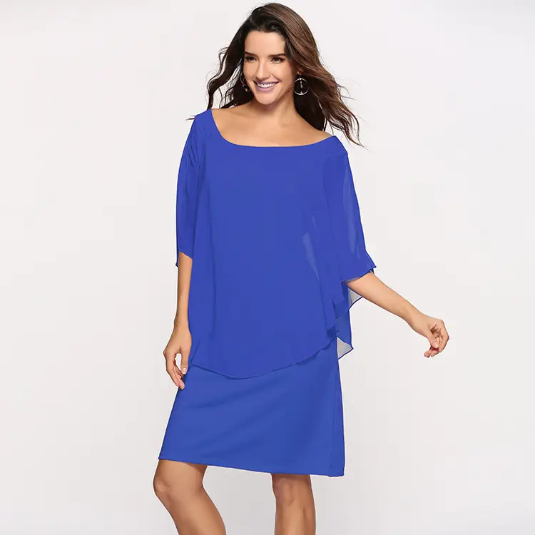 Blue Chiffon Plus Size Dress with Chiffon Skirt - Image 3