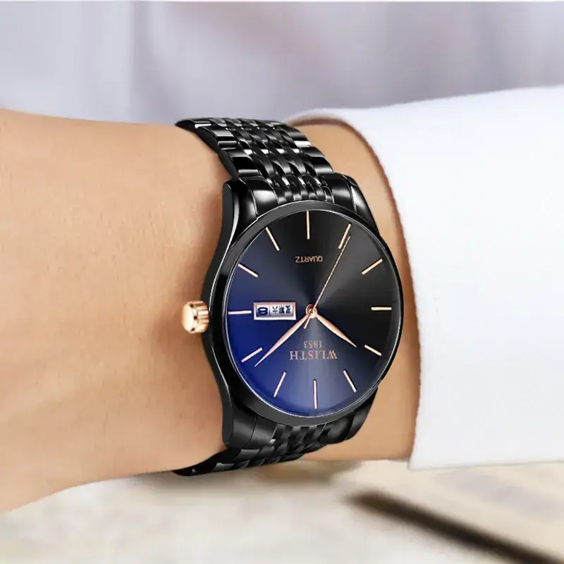 Men's Swiss Quartz Watch Blue Gold Band - Image 13