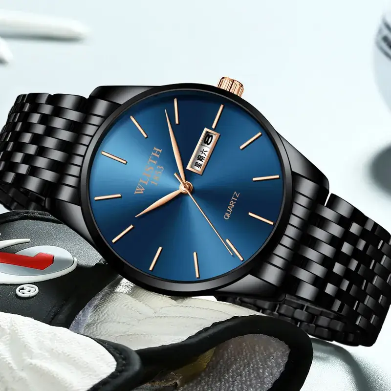 Men's Swiss Quartz Watch Blue Gold Band - Image 14