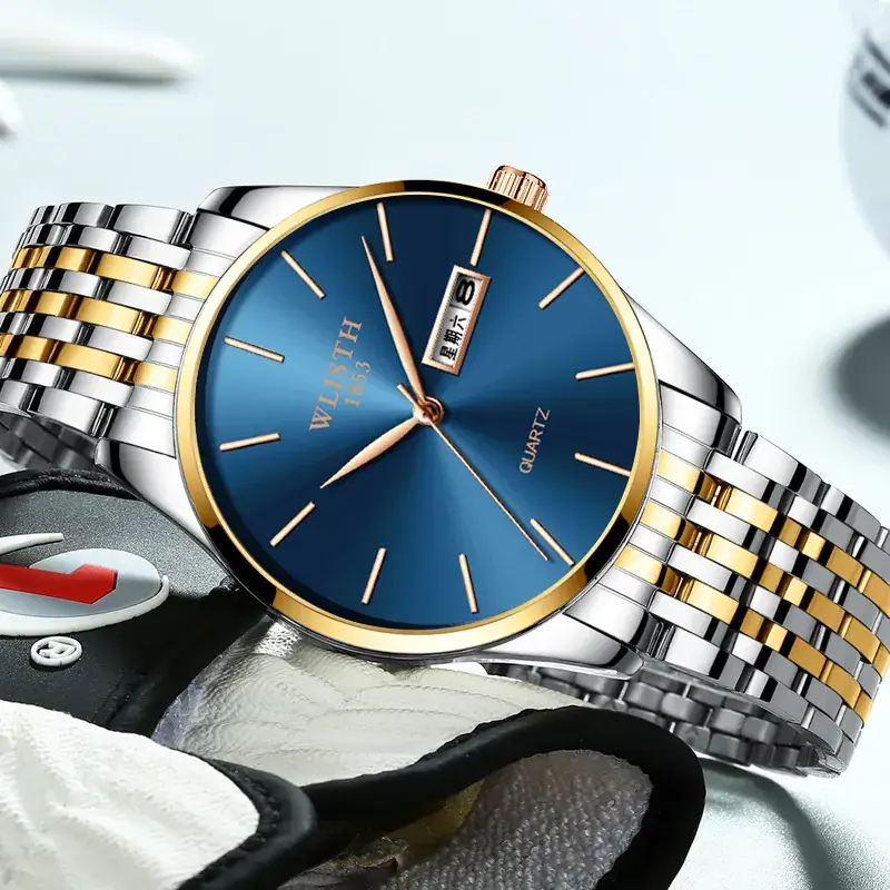 Men's Swiss Quartz Watch Blue Gold Band - Image 8