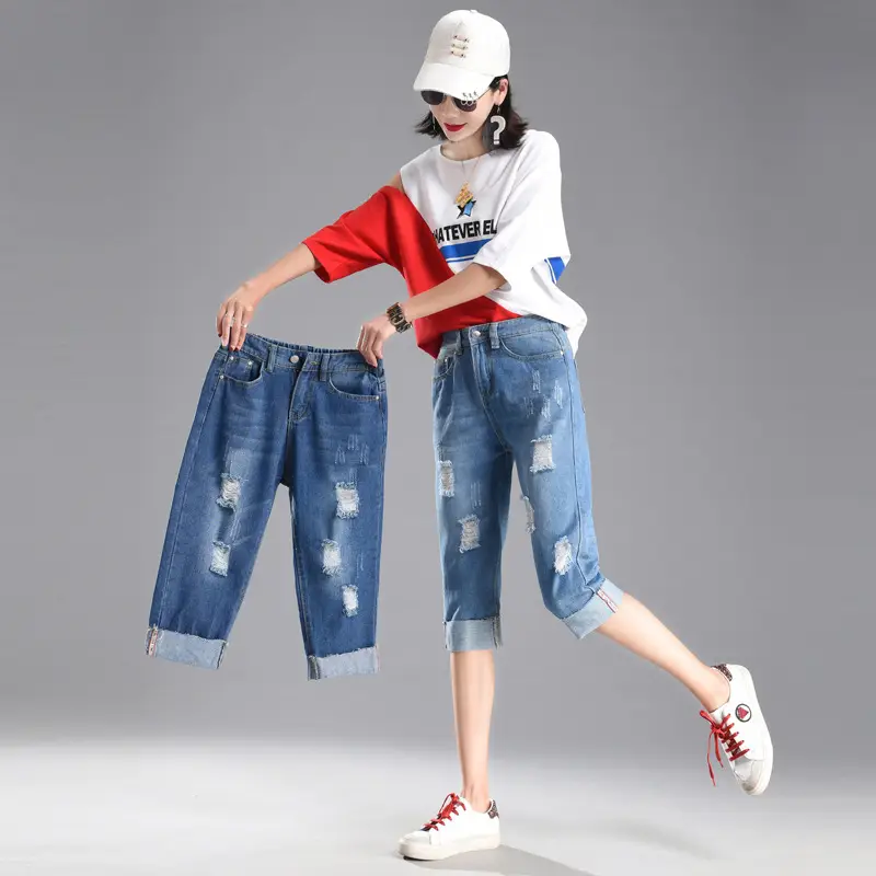 Ripped Denim Cropped Pants Women Summer Loose Plus Size