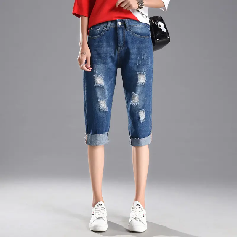 Ripped Denim Cropped Pants Women Summer Loose Plus Size - Image 4