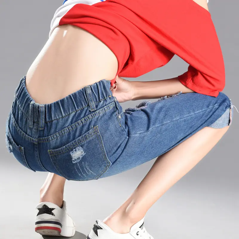 Ripped Denim Cropped Pants Women Summer Loose Plus Size - Image 6