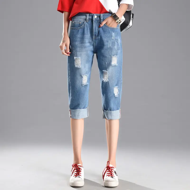 Ripped Denim Cropped Pants Women Summer Loose Plus Size - Image 2