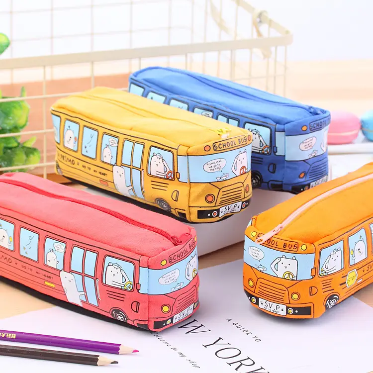 Kids Bus Stationery Case Orange Yellow Canvas Box