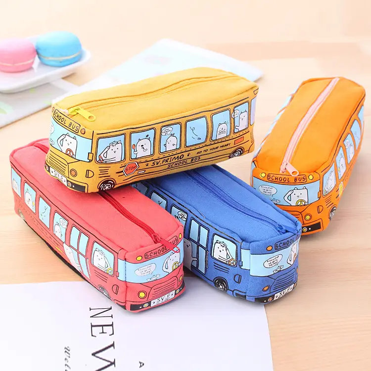 Kids Bus Stationery Case Orange Yellow Canvas Box - Image 5