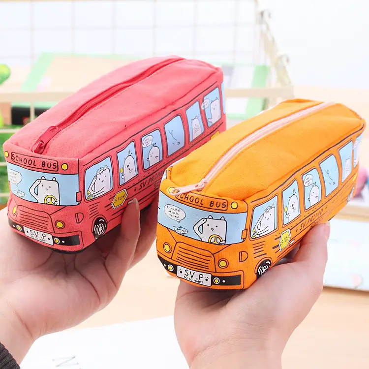 Kids Bus Stationery Case Orange Yellow Canvas Box - Image 6