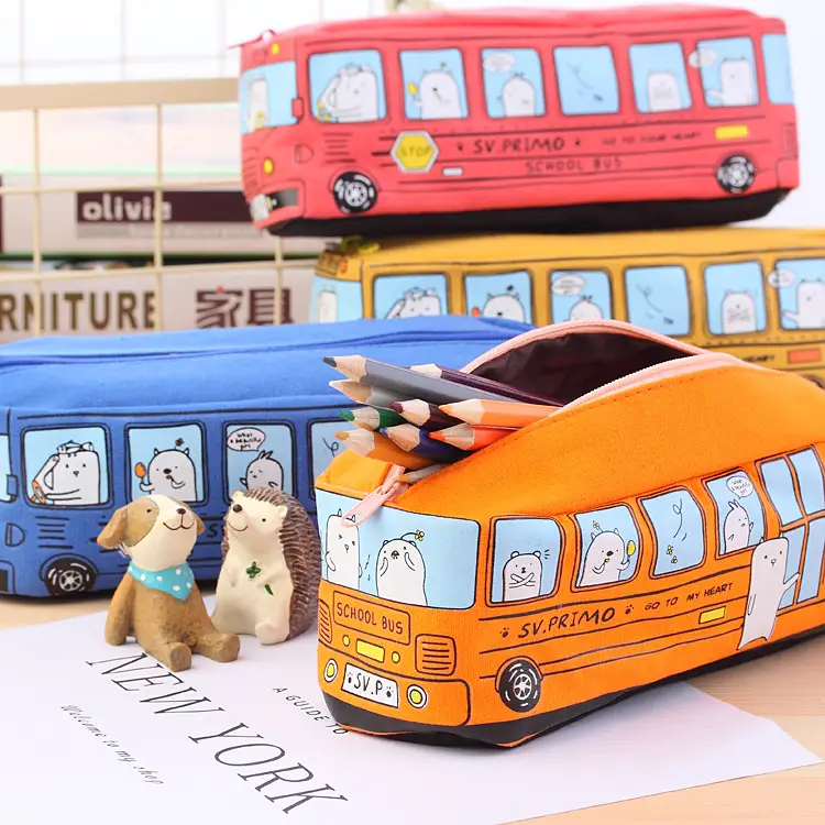 Kids Bus Stationery Case Orange Yellow Canvas Box - Image 7