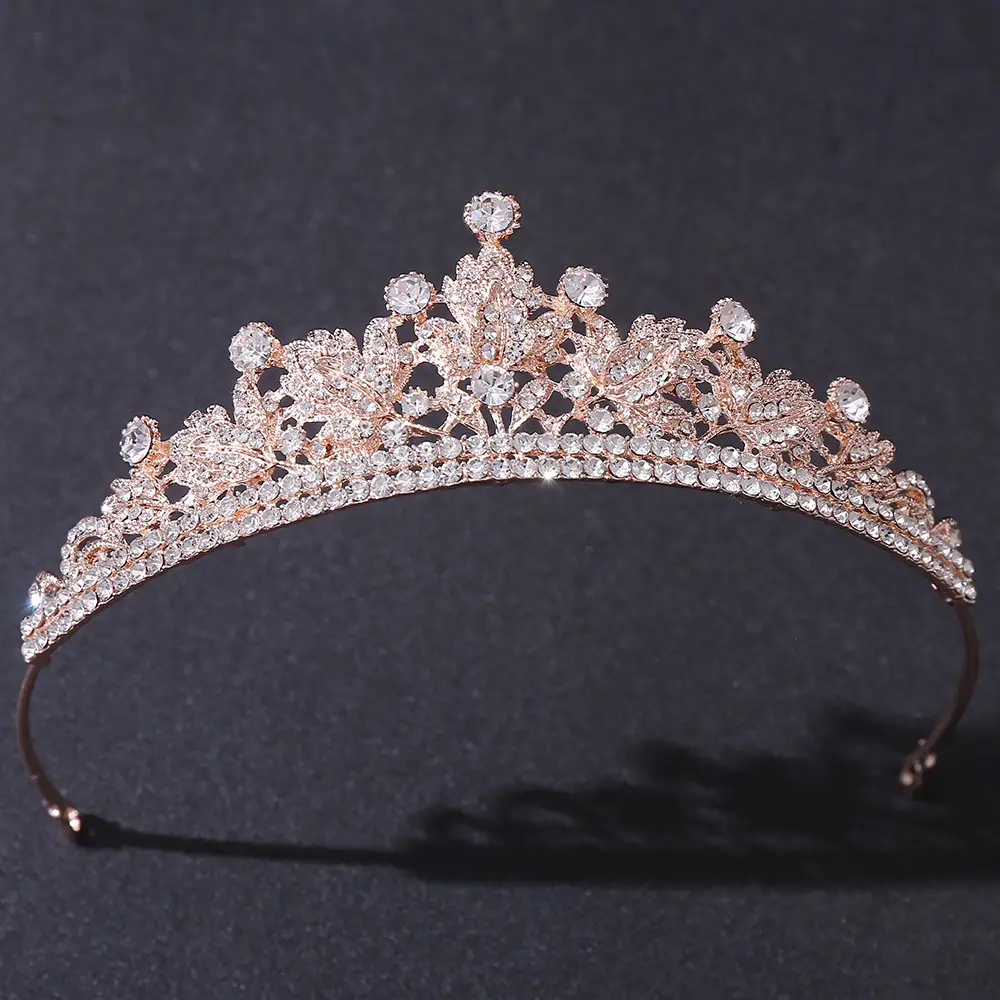 White Rhinestone Bridal Crown with Leaf Design