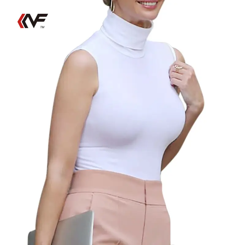 Women's Grey High Collar Sleeveless T-Shirt Stretch Cotton