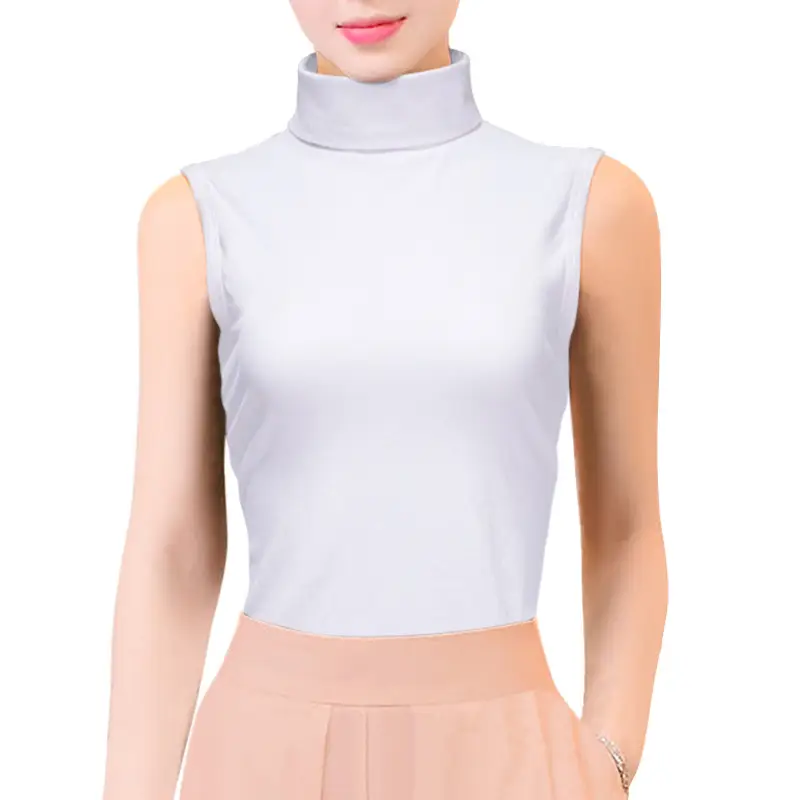 Women's Grey High Collar Sleeveless T-Shirt Stretch Cotton