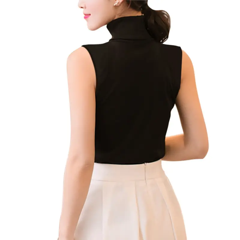 Women's Grey High Collar Sleeveless T-Shirt Stretch Cotton