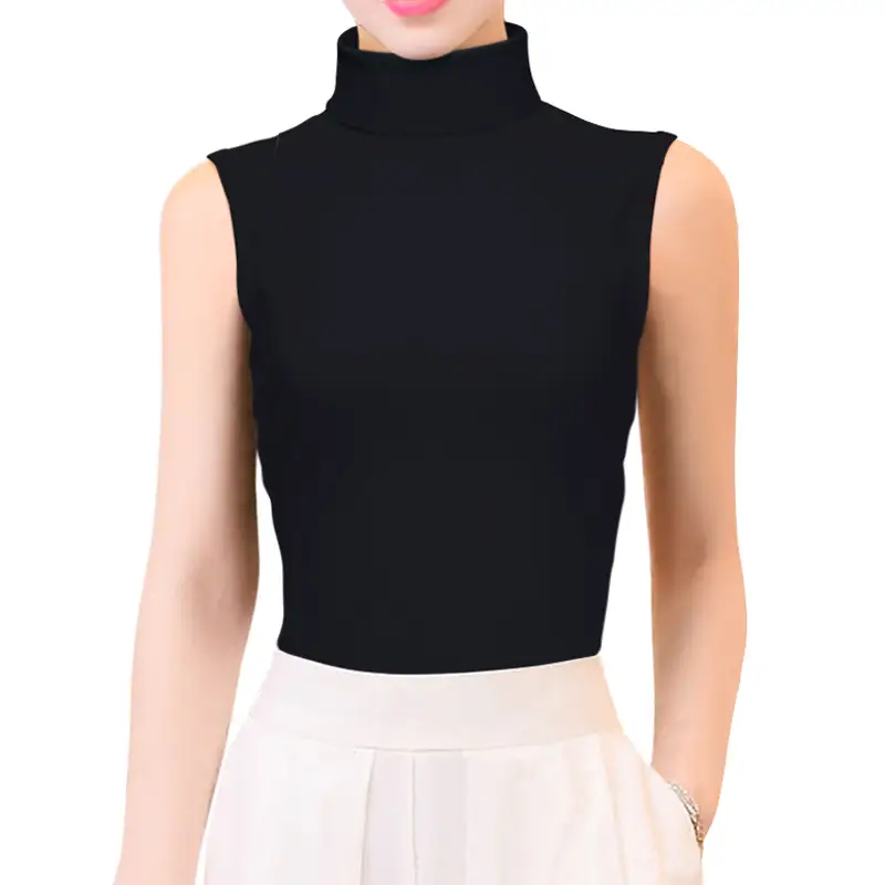 Women's Grey High Collar Sleeveless T-Shirt Stretch Cotton