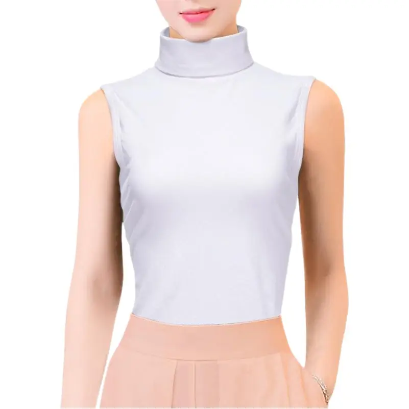 Women's Grey High Collar Sleeveless T-Shirt Stretch Cotton
