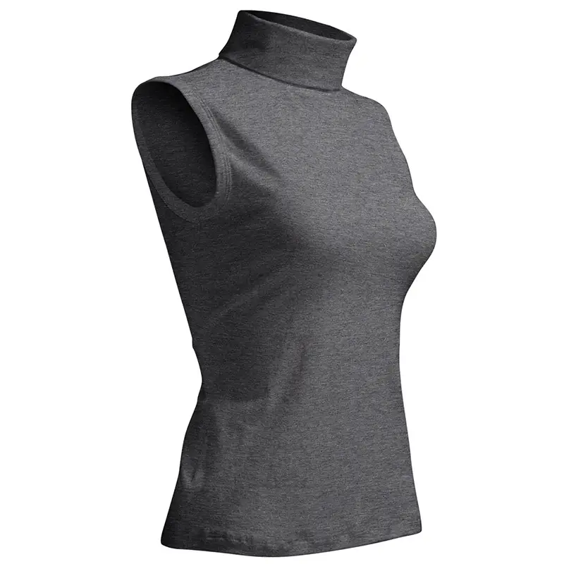 Women's Grey High Collar Sleeveless T-Shirt Stretch Cotton