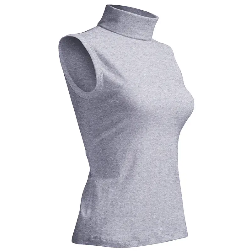 Women's Grey High Collar Sleeveless T-Shirt Stretch Cotton