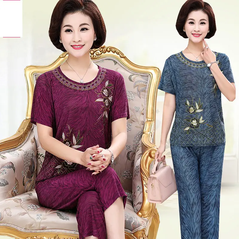Ice Silk Mother's Suit Top Pants Set Large Women