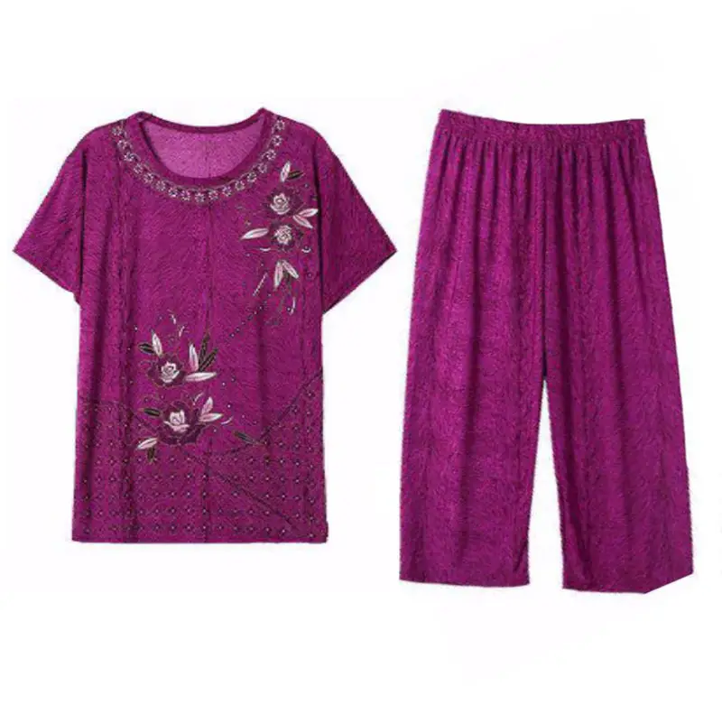 Ice Silk Mother's Suit Top Pants Set Large Women
