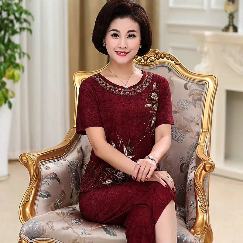 Ice Silk Mother's Suit Top Pants Set Large Women