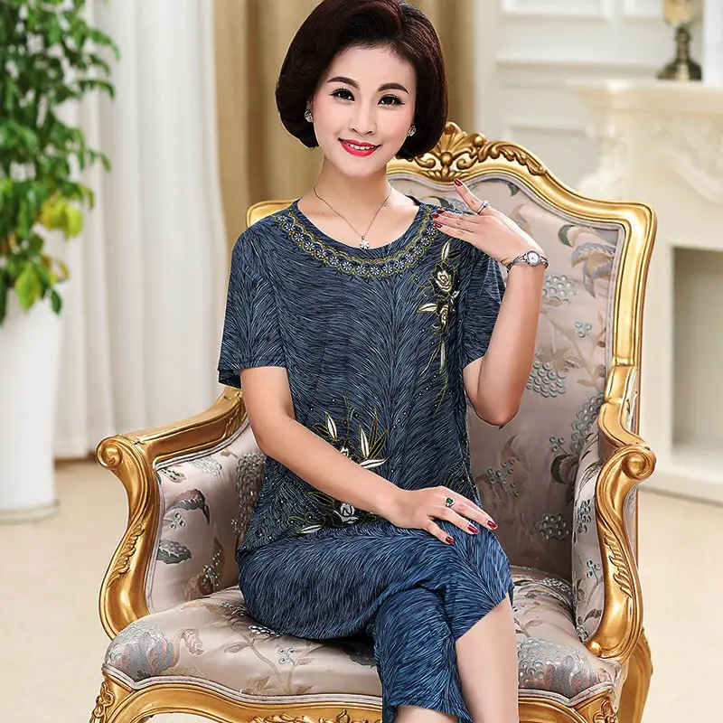 Ice Silk Mother's Suit Top Pants Set Large Women