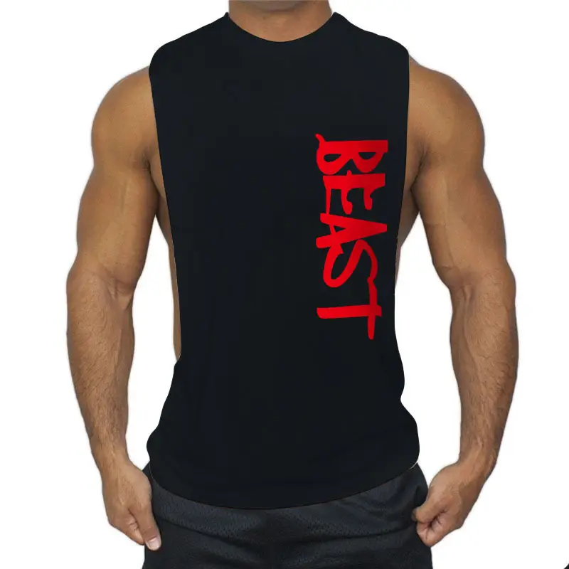 Men Sleeveless Fitness Vest Red Logo Large Split - Image 11