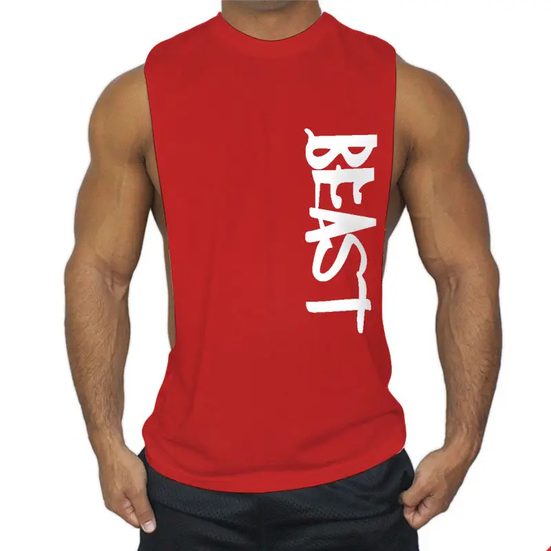 Men Sleeveless Fitness Vest Red Logo Large Split - Image 12