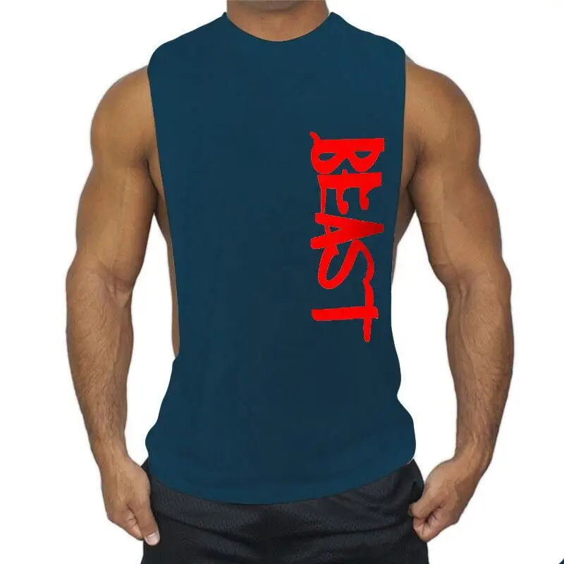 Men Sleeveless Fitness Vest Red Logo Large Split - Image 13