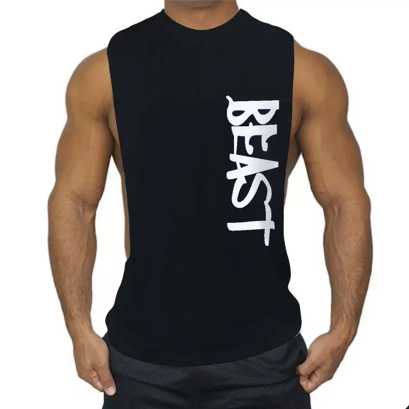 Men Sleeveless Fitness Vest Red Logo Large Split - Image 8