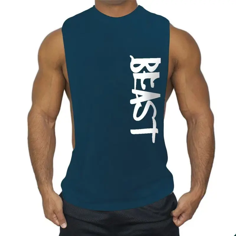 Men Sleeveless Fitness Vest Red Logo Large Split - Image 9