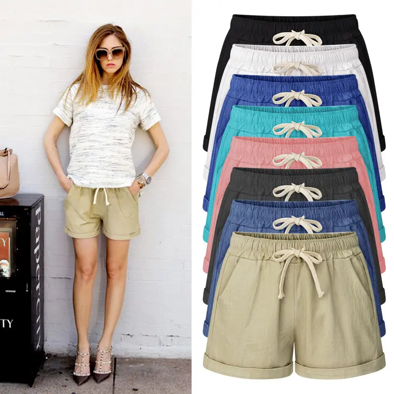 Women Bamboo Cotton Linen Shorts Black Drawstring Plus Size