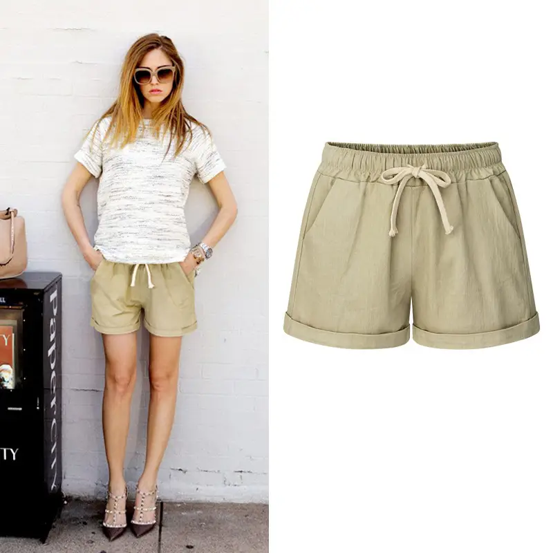 Women Bamboo Cotton Linen Shorts Black Drawstring Plus Size