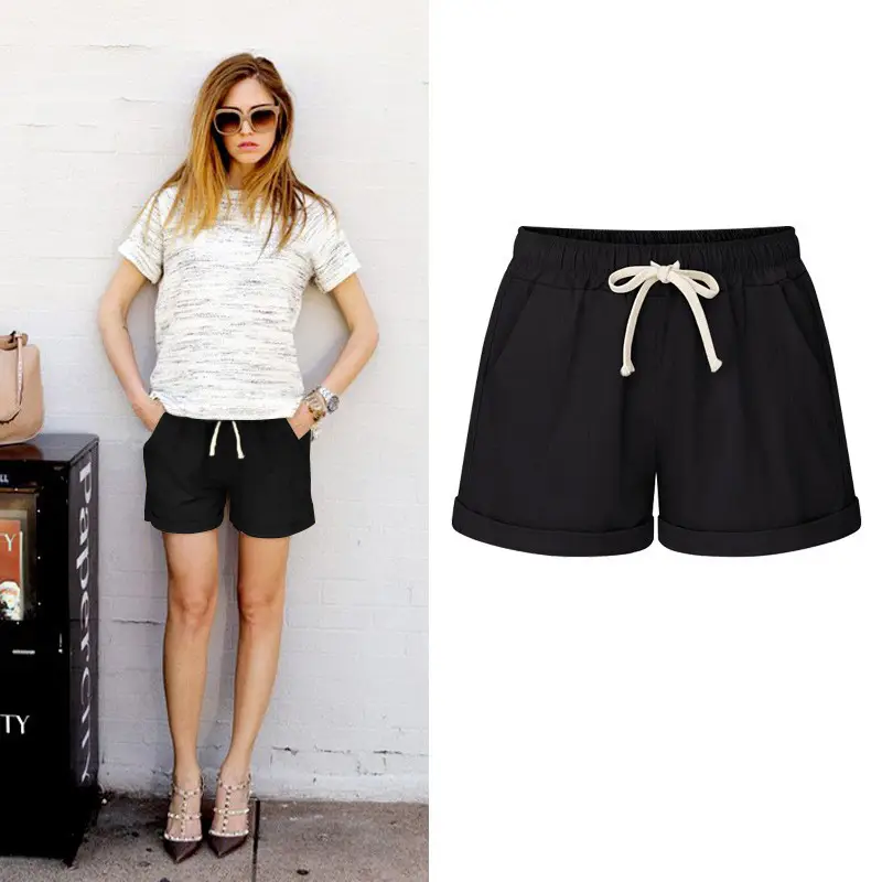 Women Bamboo Cotton Linen Shorts Black Drawstring Plus Size