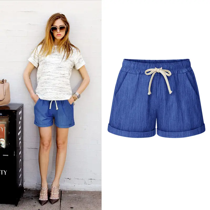Women Bamboo Cotton Linen Shorts Black Drawstring Plus Size